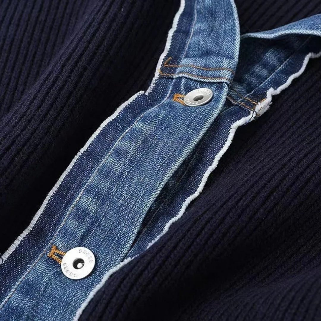 Cardigan en Tricot Marine avec Col en Jean pour Femmes - Vela Vici 🇫🇷